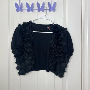 EUC Cyrus women's fabric flower decorated knit‎ shawl open front sweater large